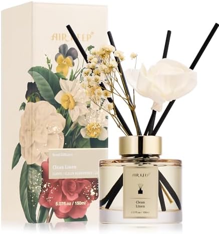 Airkeep Flower Reed Diffusers Set, 5.07 oz Clean Linen Scented Oil Diffuser with 8 Reed Sticks, Home Fragrance Diffuser Gift Set for Bathroom & Office Decor 150ml