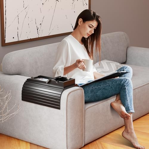Bestjing Bamboo Couch Armrest Table with Detachable Cup Holder Tray (Black)