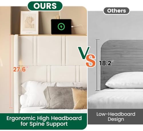 LARMACE 55.1" Tall Headboard Queen Size Bed Frame, 2 Reading Lights, Beige