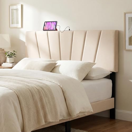 GIANTEX Headboard with Charging Station, Queen/Full Size Tufted Upholstered Head Board w/2 AC Outlets, USB & Type-C Port, Rubber Wood Legs, Width Adjustable Modern Bed Headboard Only (Beige)