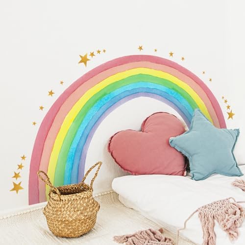 Large Rainbow Wall Decals Water Color Rainbow Stars Wall Decal DIY Vinyl Mural Art for Girls Baby Nursery Bedroom Playroom Home Decoration