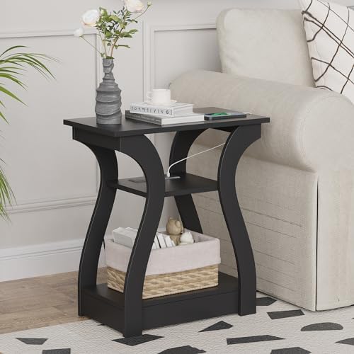 FROMJBEST End Tables Living Room with Charging Station, Black Side Tble