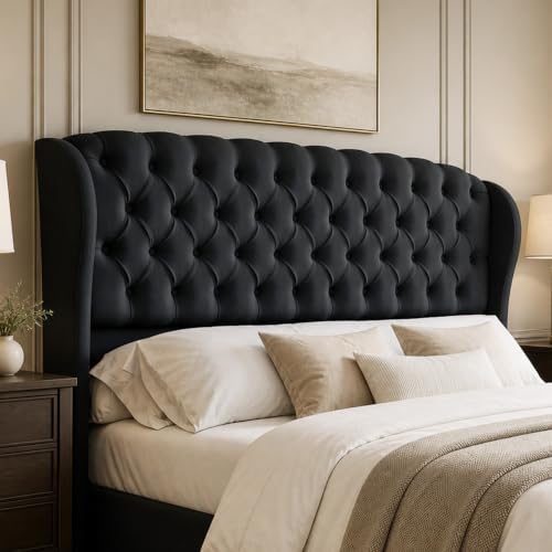 AMERLIFE King/Cal King Headboard Only, Velvet Curved Wingback, Black