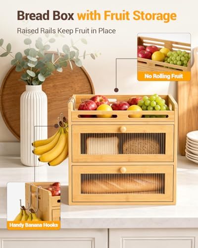 Bread Box for Kitchen Countertop, 2-Tier Bamboo Storage with Top Shelf