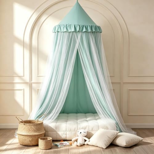 Kertnic Princess Bed Canopy for Girls, Double Layer Round Bed Mosquito Net, 31.5" Large Dome Indoor Castle Bed Tent, Sleeping & Reading Nook Curtain for Boys Girls (Green)