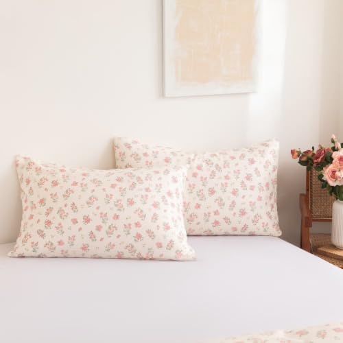 Floral Duvet Cover Set Queen Size, 3 Pieces Pink Flower and Green Leaf Pattern, Soft Microfiber Reversible Cottagecore Bedding Set with 2 Pillowcases, Comforter Insert Not Included, Cream