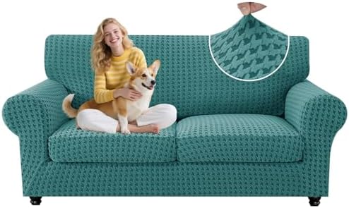 MAXIJIN 3 Pieces Stretch Couch Covers for 2 Cushion Couch Washable Sofa Cover with 2 Extra Large Seat Soft Loveseat Sofa Slipcovers with Non Slip Strap (Peacock Blue), 71"-91"(2 XL Cushions)