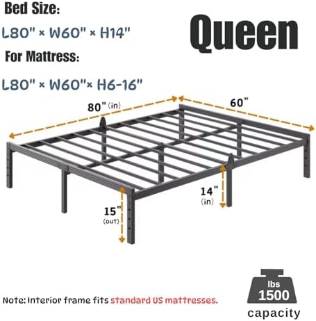 14 Inch Metal Queen Bed Frame Mattress Anti-Slip Design, No Box Spring Needed, Easy Assembly, Noise-Free, Tools Included, Ideal for Bedrooms, Guest Rooms, Dorms, Hotels & B&Bs