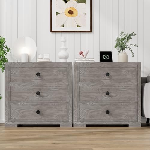 COWMOU Nightstand with Drawers 3 Drawer Night Stand with Charging Station Farmhouse Style Large Bed Side Table Wooden Dresser for Bedroom Living Room (1, Grey Grain)