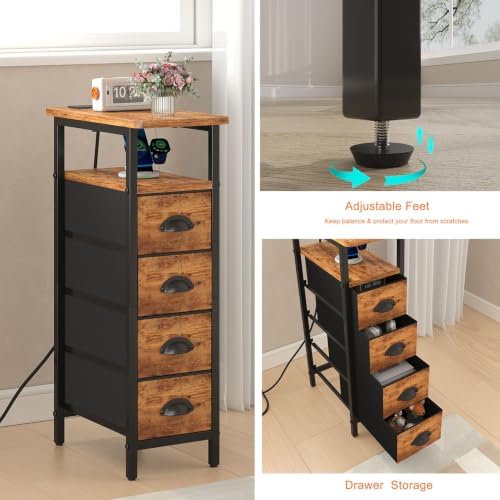 sthmec Side Table with Charging Station, Narrow End Table with 4 Drawers, LED Nightstands with Fabric Drawers,Slim Sofa Couch Side Tables for Small Spaces,Living Room,Bedroom,Rustics Brown