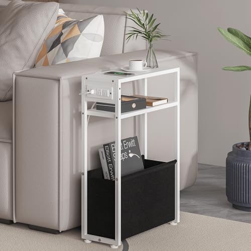 Leomonio Narrow Side Table, Slim Night Stand with Magazine Rack