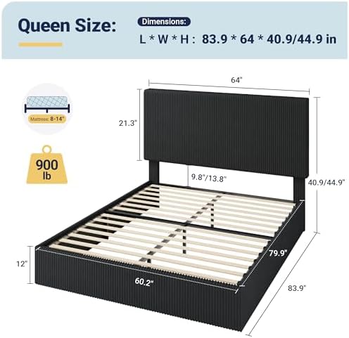 Allewie Queen Bed Frame, Adjustable Corduroy Headboard, Platform, Black