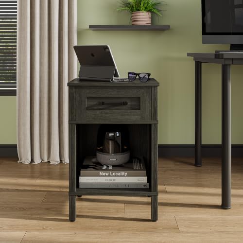 Farmhouse Nightstands with Drawer, Small Wooden Side Table, Modern Bedroom Night Stand, Wood Night Table, Grey Bedside Table with Storage, End Table for Living Room LET512GW