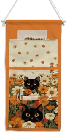IAXIC Canvas Wall Hanging Organizer with Pockets Fish Extender Hanging Pouch Daisy Cat Door Closet Organizers Fabric Storage Pockets Wall Decoration