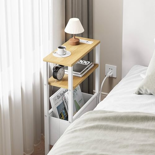 Narrow Side Table with Charging Station Slim End Table Sofa with Magazine Rack, Bedside Table for Small Spaces, 3 Tier Nightstand for Living Room Couch, Bedroom Natural LET503YE