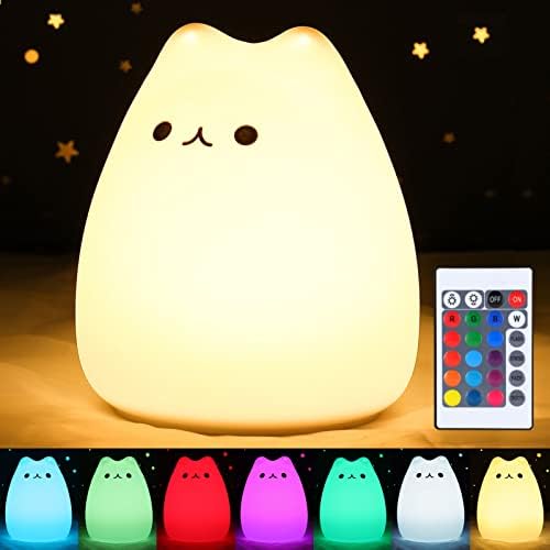 ZKLiLi Remote Cat Night Light, Cute Lights Rechargeable Cat Lamp Nightlight Birthday Gift with Warm White and 7-Color Breathing Modes(Remote Control)