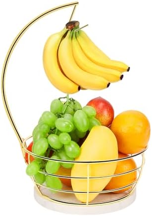 Livabber Countertop Fruit Basket Bowl with Banana Hanger, Modern Standing Fruit Vegetable Bowl Storage, with Banana Tree Holder for Kitchen Dinning Table (Round Marble, Gold)