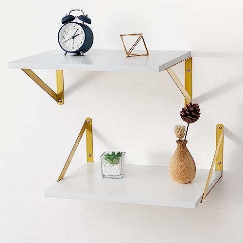 Axeman Deep Floating Shelves for Wall, 12 Inch Deep White and Gold Shelves Set of 2, 16W x 12D White Wood Wall Shelves with Golden Brackets for Bedroom Bathroom Living Room Kitchen - White & Gold