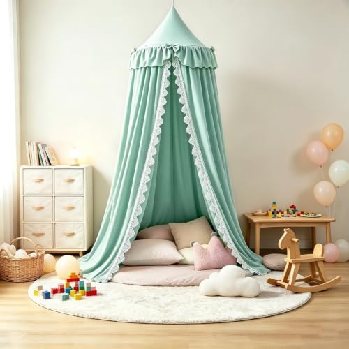 Kertnic Lace & Bow Decor Princess Canopy for Girls Bed, Soft Ruffled Playing Tent Canopy Room Decoration Castle, Reading Nook Canopies in Home (Green)