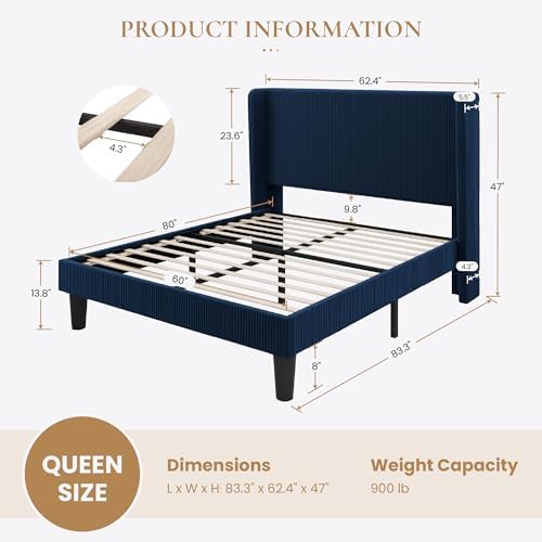 SHA CERLIN Queen Corduroy Platform Bed with Tufted Wingback Headboard, Blue