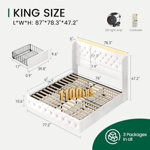 LARMACE King Size Bed Frame with LED Lights and 4 Storage Drawers Velvet Upholstered Platform Bed Frame with 47.2" Tall Tufted Headboard Wingback, No Box Spring Needed, Easy to Assemble, White