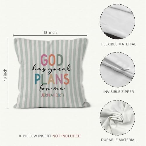 Boho Inspirational Christian Throw Pillow Cover 18x18, Bible Verse Decorative Pillow Covers for Kids Nursery Room Bedroom Playroom, Religious Green Striped Accent Pillows Cover Pillowcases