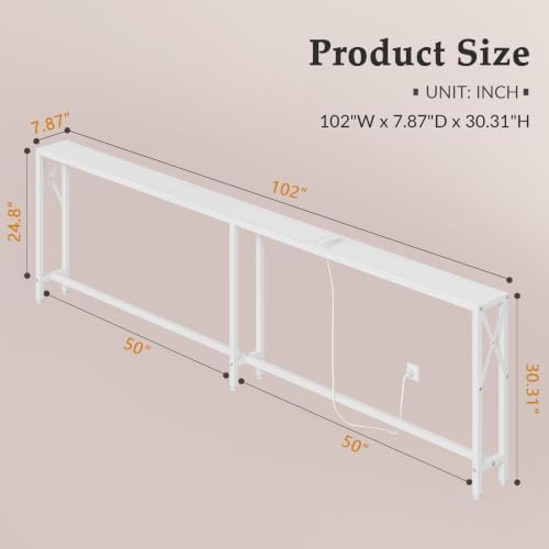 Gewudraw 102" Sofa Table Behind Couch & Socket-Narrow Console Table,White