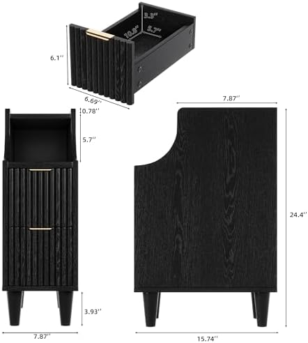 Fluted Nightstands Set of 2,Narrow Bedside Table with 2 Drawers & Storage, Farmhouse Walnut End Table Modern Side Table for Bedroom Livingroom Sofa Office, Small Space