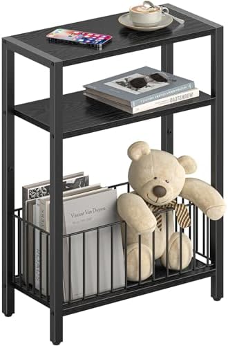 Narrow Side Table with Storage Basket Small End Table for Small Space,Black