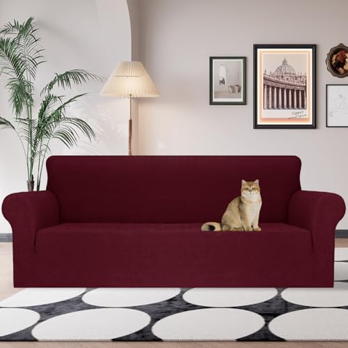 JIVINER Stretch Oversized Sofa Covers 1 Piece 4 Seater Couch Covers Jacquard Universal Sofa Slipcovers for Extra Large Funiture Protector for Kids, Pets (X Large, Wine Red Rhomb)