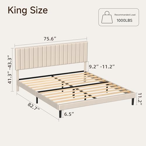 King Velvet Bed Frame with Vertical Channel Tufted Headboard Beige