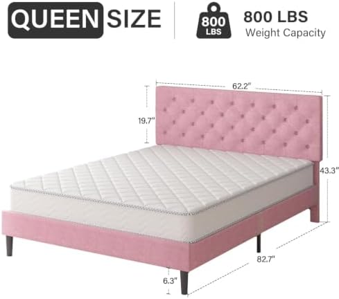 HOMBCK Queen Bed Frame with Adjustable Headboard, Pink