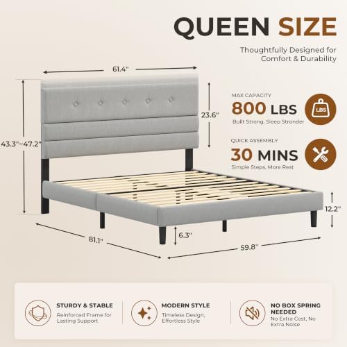 GRUSIGN Queen Size Bed Frame with Linen Fabric Headboard, Adjustable Height Upholstered Platform Bed Frame with Wooden Slats, Easy Assembly, Dark Grey
