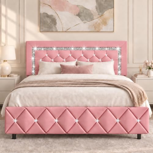 Lullabyre Full Size Bed Frame with Headboard, Faux Leather Bed with Diamond Tufted Design, Bed Frames Full with Wood Slats Support, No Box Spring Required, Easy Assembly, Pink