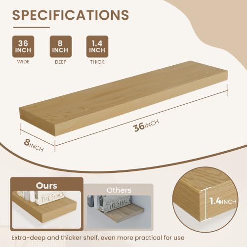 Dreamland 36 Inches Wall Mounted Wood Floating Shelves, Oak, 2 Pack