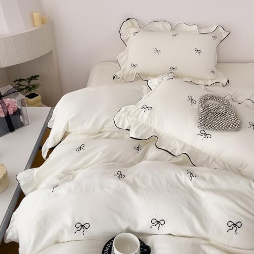 Bow Embroidery Duvet Cover King Size 3 Pieces Vintage Ruffled Bedding Set