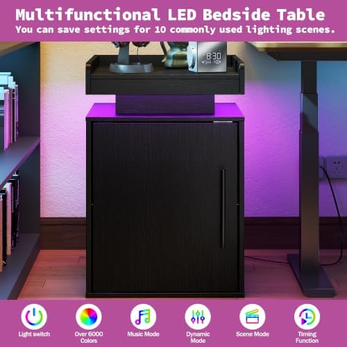 Baoz Black Nightstands Set of 2 with Door,Led Modern Bedside Table