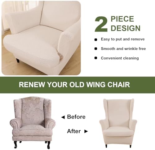 HAOYONG Jacquard Wingback Chair Cover Thickening Armchair Covers 2 Pieces Wingback Chair Slipcover Stretch Chair Slipcovers Removable Non-Slip Armchair Protector Cover with Elastic Bottom