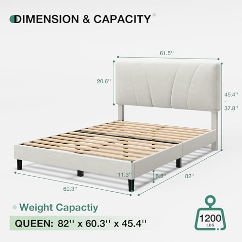 Novilla Queen Bed Frame, Queen Size Bed Frame with Wooden Slats Support, Velvet Upholstered Headboard, No Box Spring Needed, Heavy Duty Feet, Easy Assembly, White Velvet