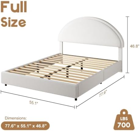 REVOMINCA Full Size Bed Frame with Round Headboard, Upholstered Platform Bed Frame, Boucle Soft Bed Frame, Modern Style, No Box Spring Required, Easy Assembly, White