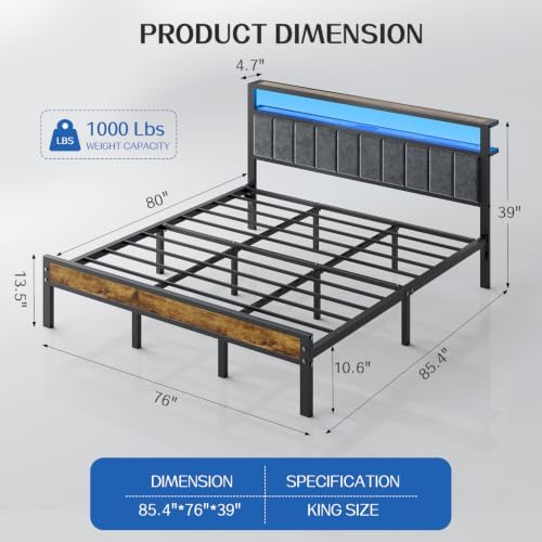 Liians King Size Bed Frame with LED Lights, Upholstered Headboard