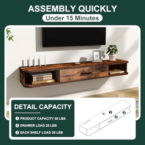 GHC Floating TV Stand, 55'' Wall Mounted TV Cabinet, Floating Shelves with Door, Media Console for DVD Player, Space-Saving Under TV Shelf for Bedroom & Living Room (Rustic Brown)