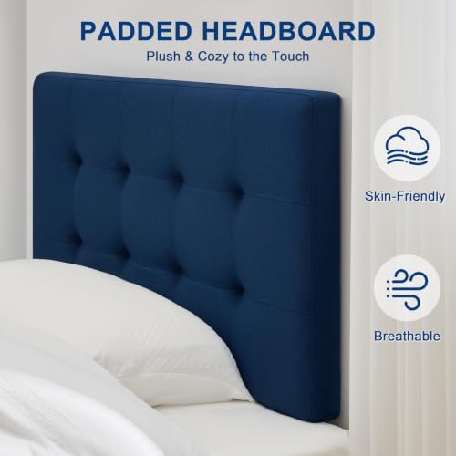 Linen Stitched Tufted Twin Headboard, Adjustable Height 37.2-46 in, Blue
