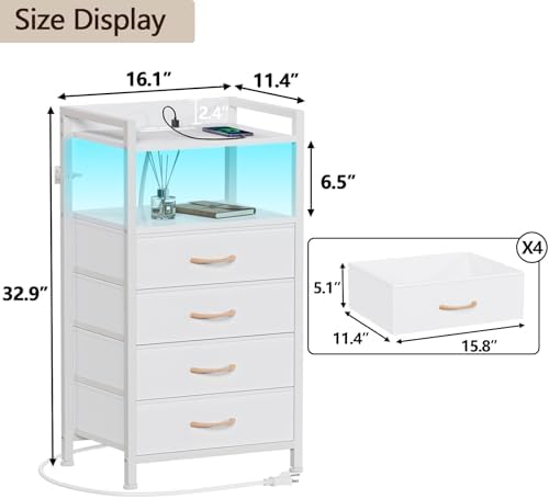 Furnulem White Nightstand with Charging Station,Small Dresser for Bedroom