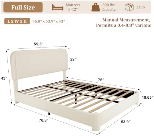 Vipbear Boucle Full Size Bed Frame with Adjustable Headboard, Upholstered Cloud Platform Bed Frame with Wood Slats, Noise-Free Full Bed, No Box Spring Required, Easy Assembly, Beige