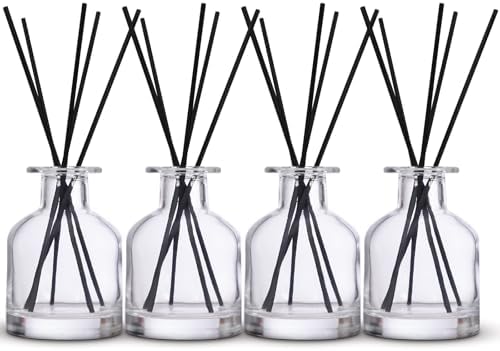 4 Pack Perfume Reed Diffuser Bottle,Empty Big Belly Aromatherapy Essential Oil Bottles Glass Jar with Black Sticks for DIY Fragrance Replacement Diffuser Sets (150ml/ 5 oz, Transparent Color)