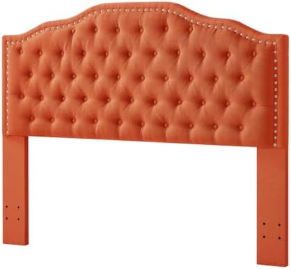 24KF Upholstered Button Tufted Queen Headboard with Nailhead Trim, Elegant Boucle Fabric Full headboard, 6031-Q-Boucle-Orange