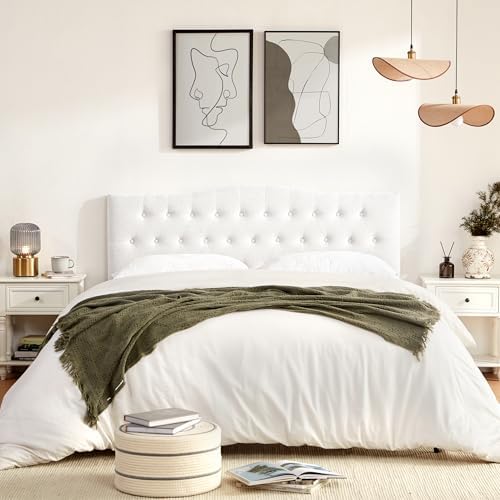 Tufted Headboard Full Size, Solid Wood Adjustable Height Head Board, White