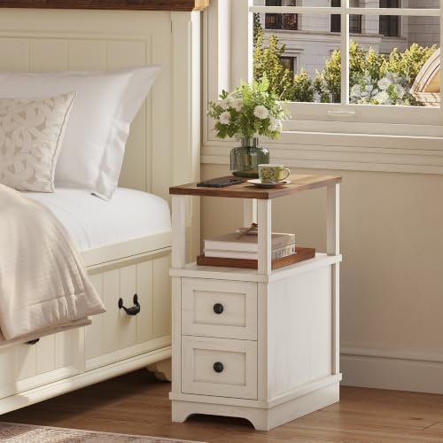 Slim End Table with 2 Drawers, Farmhouse Narrow Nightstand Wood，