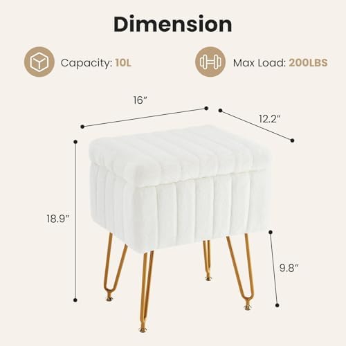 DUMOS Vanity Stool Chair Ottoman with Storage, Makeup Cute Soft Small Footstool Modern Style Faux Fur Seat with 4 Metal Legs & Adjustable Feet for Dressing Living Room Bedroom Dorm
